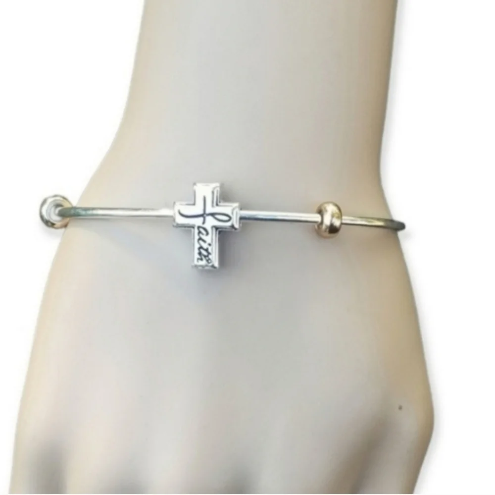 SILVERTONED FAITH CROSS CHARM SLENDER CUFF BRACELET